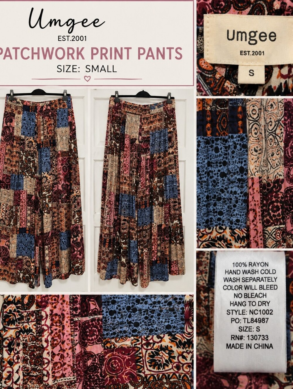 Umgee Boho Patchwork Wide Leg Pants – Size Small – NWT
